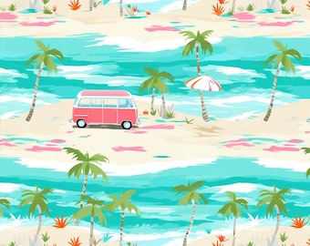 May include: A repeating pattern featuring a pink vintage van parked on a sandy beach with turquoise ocean waves, green palm trees, and a white and orange beach umbrella. The design includes small orange and pink plants scattered across the sand.