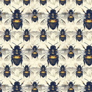 Könnte beinhalten: Ein sich wiederholendes Muster detaillierter Bienenillustrationen. Die Bienen sind schwarz und gelb, mit transparenten Flügeln, vor einem cremefarbenen Hintergrund mit einem Wabenmuster. Das Design ist symmetrisch und visuell ansprechend.