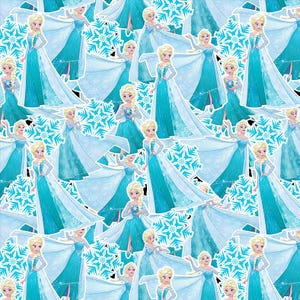 May include: A repeating pattern featuring the animated character Elsa with blonde hair in a braid, wearing a long-sleeved turquoise gown with a sheer cape, interspersed with light blue and white snowflake illustrations on a dark background.