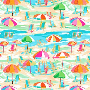 May include: A repeating pattern featuring a beach scene with colorful umbrellas in shades of pink, orange, green, and blue, interspersed with empty beach chairs on a sandy background. The design uses a painterly style with visible brushstrokes.
