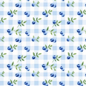 May include: A repeating pattern featuring watercolour-style blueberries with green leaves arranged on a light blue and white checkered background. The design consists of individual berries and small clusters of two berries attached to stems.