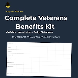 VA Disability Claim Organizer - Veteran Benefits Kit by 100% PT Vet - Fill-in-Blank Claim Tracker - Nexus Buddy Statement - Navy Vet