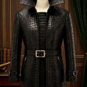 Echter Trenchcoat aus Krokodilleder, lange schwarze Herren-Lederjacke, handgefertigte Luxus-Oberbekleidung, exotischer Ledermantel, Statement-Jacke