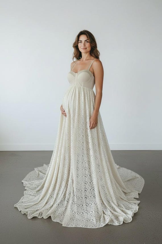 Cream Lace Maternity dress with Corset adjustable back, side slit