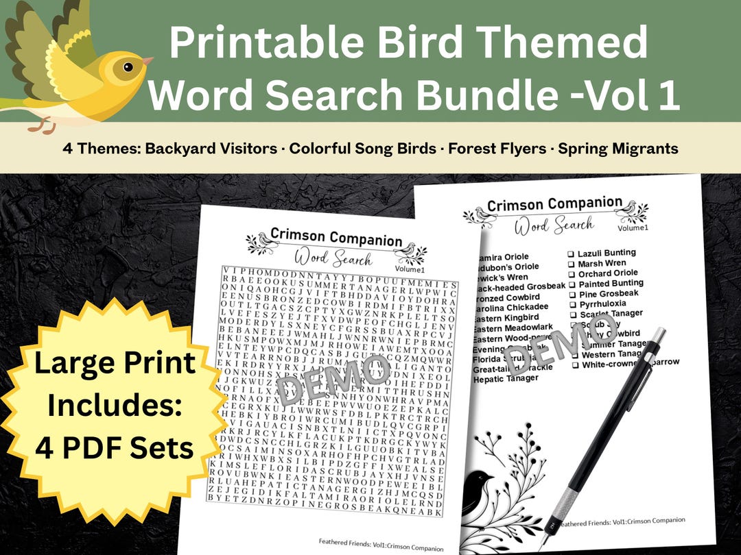 Bird Word Search Puzzle Bundle – Large Print, 4 Themes (PDF Pattern) - Etsy