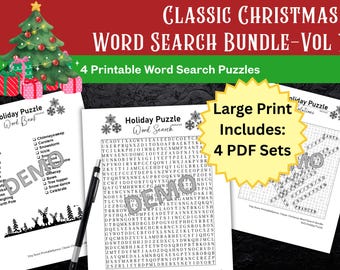 Puede incluir: Imagen de un paquete de búsqueda de palabras con temática navideña. El diseño incluye un árbol de Navidad decorado, cajas de regalo y el texto "Classic Christmas Word Search Bundle - Vol 1". El paquete incluye 4 rompecabezas imprimibles.