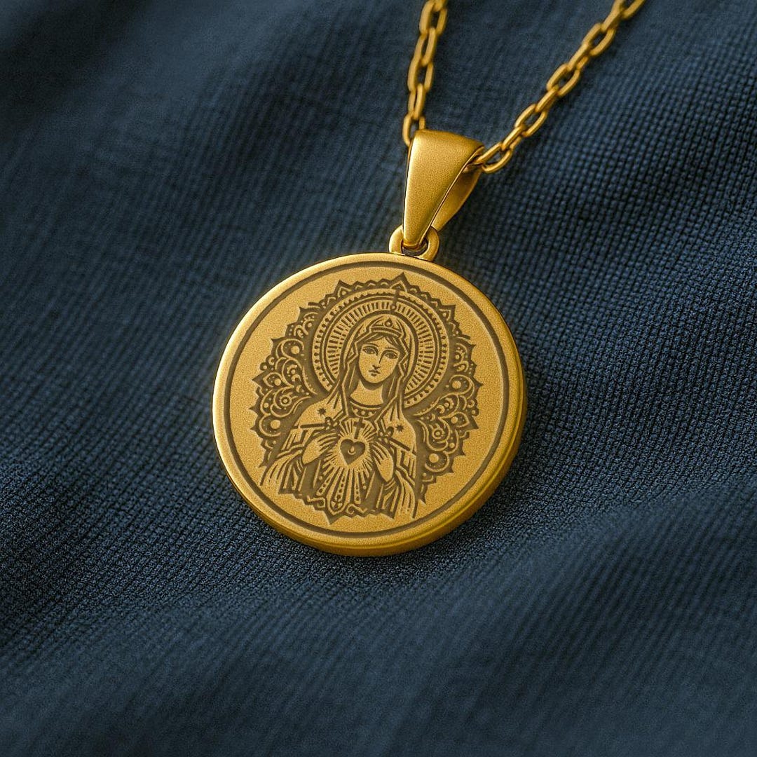 14k Solid Gold Sacred Heart of Mary Pendant, Necklace - Etsy