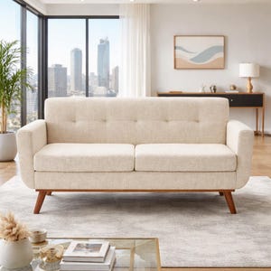 Mid Century Loveseat-soffa, beige linneklädd soffa, massiva träben, små lägenhetsmöbler