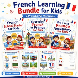 Puede incluir: Un colorido paquete de materiales de aprendizaje de francés para niños. La imagen presenta tres cuadernos de trabajo con títulos como "French School Starter" y "Everyday French in France". Tarjetas didácticas adicionales cubren vocabulario del aula, términos de la ciudad y símbolos franceses.