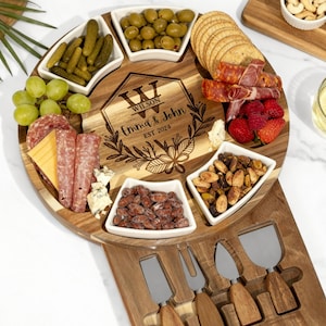 Personalized Acacia Wood Charcuterie Board Set,Serving Platter & Utensils, Housewarming, Wedding, Anniversary Gift, Engraved Cheese Board