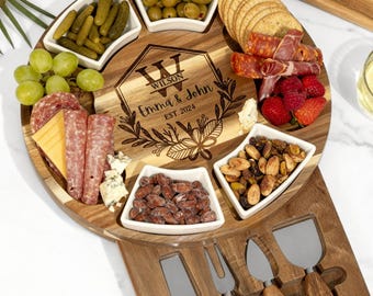 Personalized Acacia Wood Charcuterie Board Set,Serving Platter & Utensils, Housewarming, Wedding, Anniversary Gift, Engraved Cheese Board