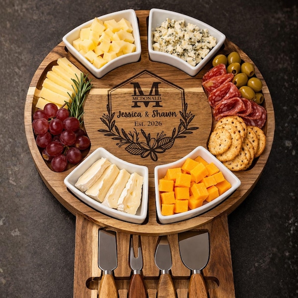 Planche à charcuterie personnalisée en bois d'acacia, planche à fromages personnalisée et ensemble de couteaux, cadeau de mariage pour couple, cadeau 5e anniversaire gravé