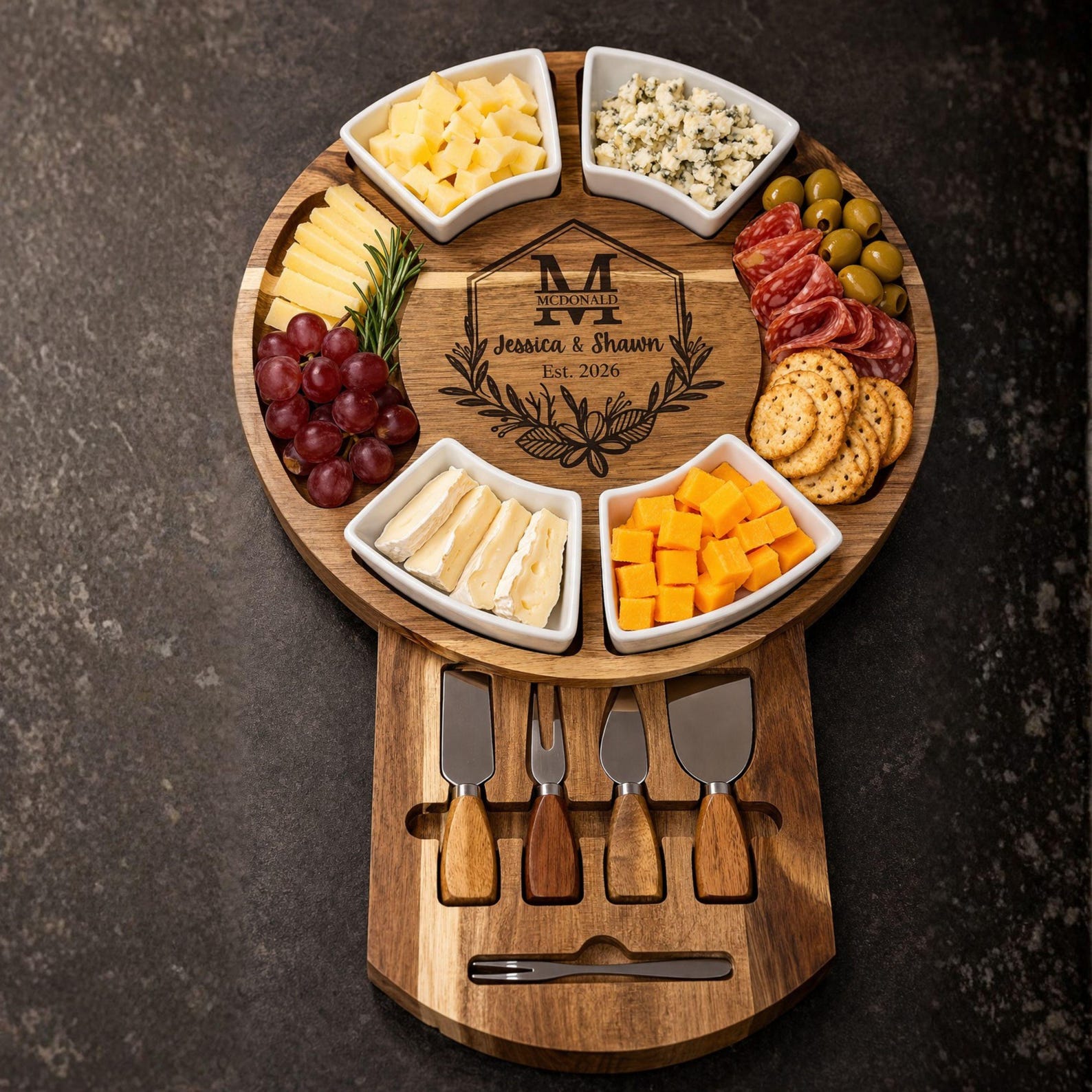 Personalized Acacia Wood Charcuterie Board, Custom Cheese Board & Knife Set, Wedding Gift for Couple, Engraved 5th Anniversary Gift - Engraving On Board, Design 3