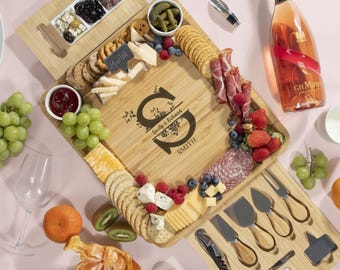 Personalized Bamboo Charcuterie Board Set, Engraved Cheese Board with Utensils and Ceramic Bowls, Family Gift for Christmas
