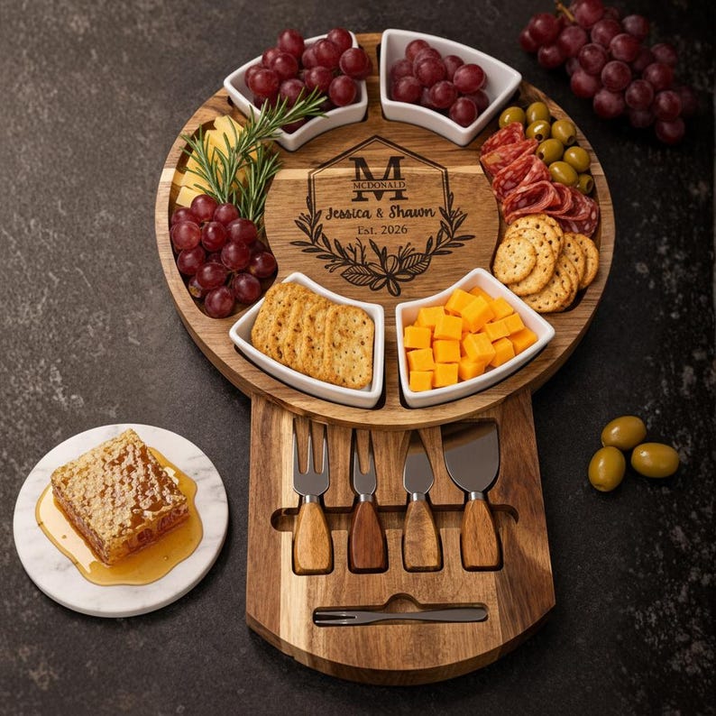 Personalized Acacia Wood Charcuterie Board, Custom Cheese Board & Knife ...