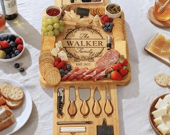Engraved Bamboo Cheeseboard Set with Ceramic Bowl Set & Utensils – Personalized Charcuterie Board, Wedding Gift, Housewarming Gift