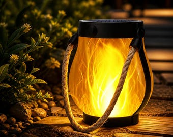 Lanterna solare a fiamma, luce tremolante impermeabile per esterni, manico in corda rustica