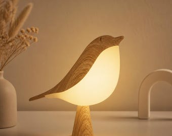木製鳥型LEDナイトライト、タッチコントロール、調光機能付き、充電式コードレスランプ