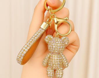Luxury Crystal Bear Keychain | Sparkly Rhinestone Teddy Keyring with Wrist Strap | Cute Bag Charm – 4 Colors Available