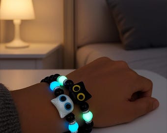 暗闇で光るビーズブレスレット｜光る猫のチャーム、かわいいスタイルのジュエリー
