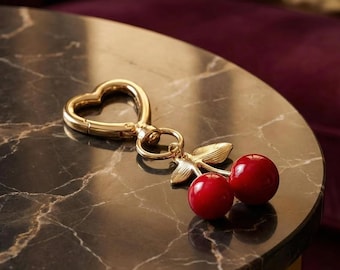 Red Cherry Keychain, Gold Heart Clip, Keyring