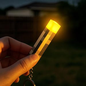 Op de afbeelding: Een Minecraft-thema sleutelhanger in de vorm van een fakkel met helder geel licht. De fakkel heeft een pixelontwerp in bruin, grijs en beige tinten. De sleutelhanger wordt in een hand gehouden tegen een vage buitenachtergrond.
