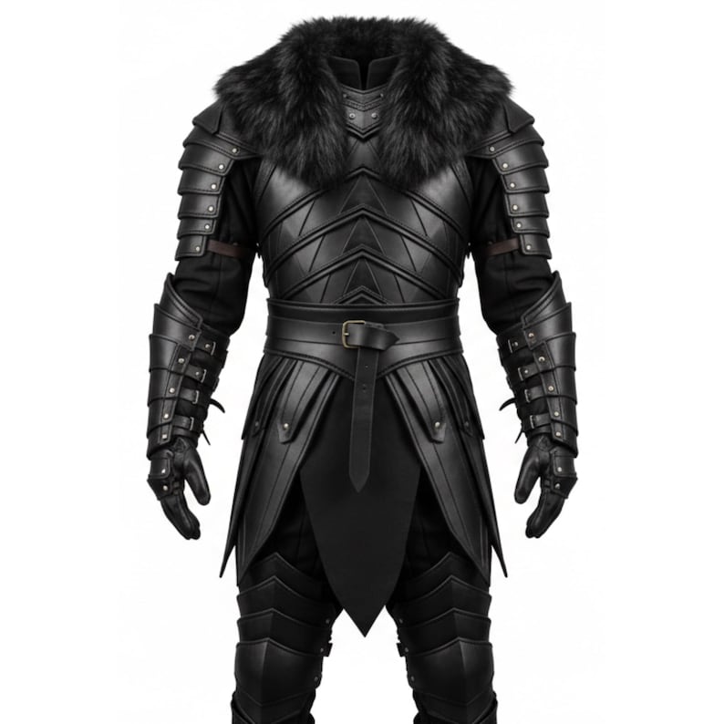 May include: Black leather armour set with a faux fur collar. The set includes a chest plate, shoulder guards, arm guards, gloves, belt, and leg armour. The armour has a detailed design with rivets and a buckle.
