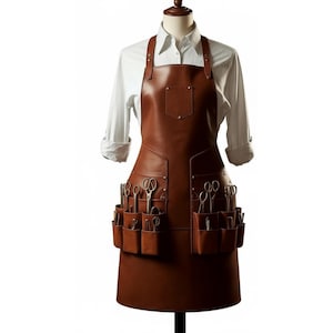 May include: A brown leather apron with multiple pockets and various scissors. The apron has a chest pocket and leather straps. The apron is displayed on a mannequin wearing a white collared shirt.