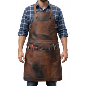 Handmade Tan Leather Apron, Genuine Leather – Professional Artisan & Barber Apron with, Utility Pockets, and Adjustable Straps
