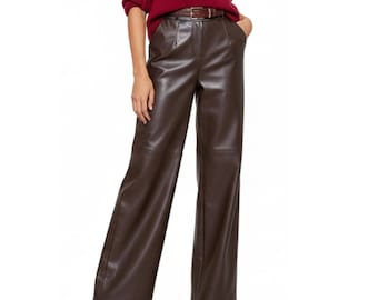 Brown Women's Leather Pants | Genuine Leather | Wide Leg Palazzo Trousers | High Waisted Vintage Streetwear | Handmade Minimalist Gift