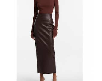 Damen Echtleder Minirock, hoch taillierter schokobrauner Schlitz, Lederrock Mini, handgefertigte benutzerdefinierte Passform, Herbstmode Geschenk für sie