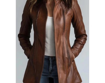 Women's Leather Jacket Brown | Genuine Leather | Moto Style Stand Collar Coat | Fitted Biker Jacket | Handmade Vintage Streetwear Gift