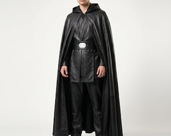 Leather Hooded Cloak, Genuine Leather Tunic Robe Set, Mens Dark Warrior Cosplay Costume, LARP Fantasy Gift for Him