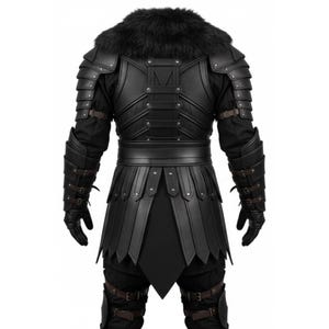 May include: Black leather armour set with a faux fur collar. The armour features layered shoulder and arm protection, a wide belt, and a skirt-like lower section. The set includes gloves and is designed for a medieval or fantasy theme.