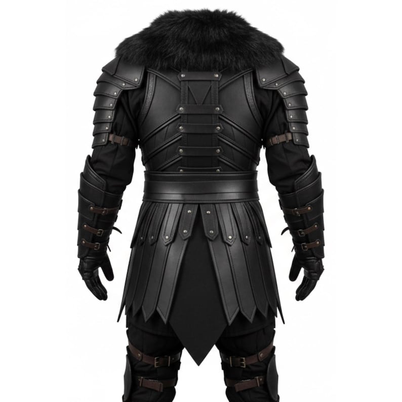 May include: Black leather armour set with a faux fur collar. The armour features layered shoulder and arm protection, a wide belt, and a skirt-like lower section. The set includes gloves and is designed for a medieval or fantasy theme.