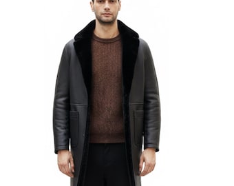 Men's Black Leather Trench Coat, Real Sheepskin Shearling Lined Winter Jacket, Formal Outerwear