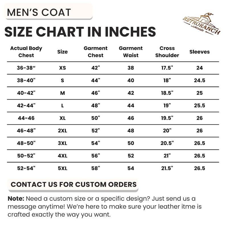 May include: A size chart for men's coats, with measurements in inches. Sizes range from XS to 5XL, detailing chest, waist, shoulder, and sleeve dimensions. The RetroRanch logo is visible. Contact details for custom orders are included at the bottom of the chart.