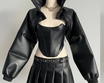 Women's Black Real Leather Corset Skirt Set | Women's Goth Real Leather Crop Jacket & Skirt |