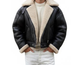 Schwarze Herren Lederjacke, echter Shearling B3 Bomber, Vintage Aviator Wintermantel, handgemachtes Geschenk für Ihn