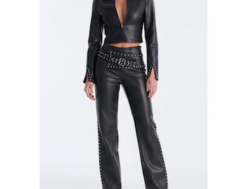 Women’s Black Genuine Leather Set – Studded Lambskin Jacket and Pants Combo, Minimalist Rockstar Two-Piece Suit, Luxury Evening Streetwear