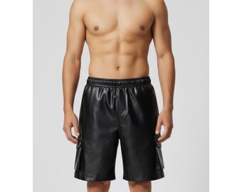 Pantaloncini cargo in vera pelle di agnello neri, pantaloni estivi da uomo con elastico in vita e tasche multiuso, regalo per lui