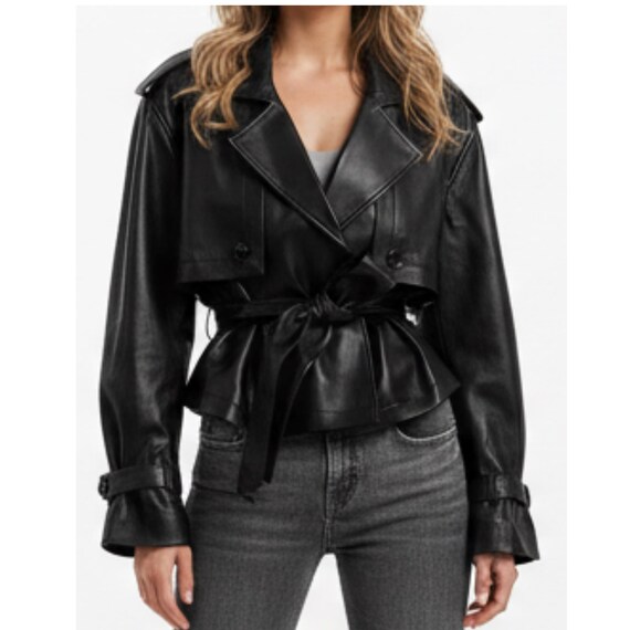 Women’s Black Genuine Leather Jacket – Cropped Lambskin Trench Style, Minimalist Belted Peplum Coat, Premium Quality Gift for Her