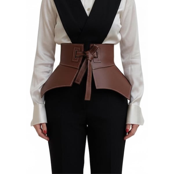 Cinturón peplum de cuero marrón / Faja ancha / Corsé obi con lazo frontal / Accesorio de alta costura hecho a mano / Regalo de estilo urbano llamativo
