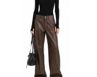 Women's Brown Leather Wide-Leg Trousers | Women's Chic Brown Leather Pant Outfit