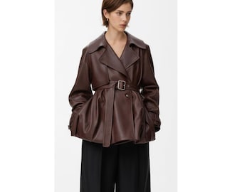 Women's Pure Leather Oversized Two-Tone Brown Jacket - Genuine Color Block Vintage Bomber Coat