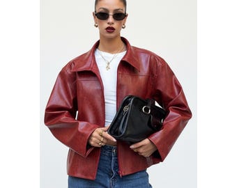 Red Leather Cropped Moto Jacket, Burgundy Cowhide Y2K Coat
