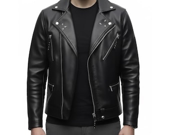 May include: Black leather jacket with a classic biker style. Features a notched collar, asymmetrical zipper closure, multiple zippered pockets, and silver-tone stud accents. A stylish outerwear piece.