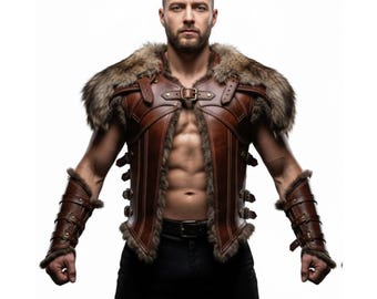 Handmade Men's Viking Leather Armor Vest with Fur, Barbarian Warrior LARP Cosplay Costume, Medieval Fantasy Ranger Pauldrons, Gift for Him