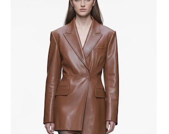 Brauner Echtleder Blazer, Damen Übergroße Schulterjacke