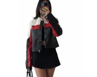 Women's Moto Racer Cropped Jacket Outfit | Women's Black Red White Biker Jacket